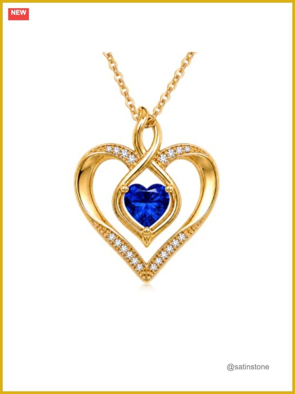 14K Yellow Gold Heart Birthstone Pendant Necklace Sapphire Jewelry